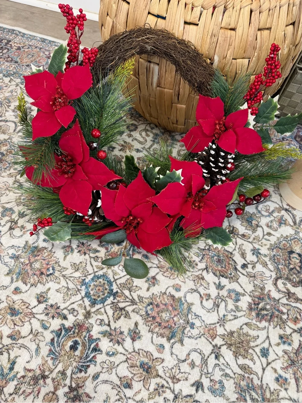 New Red Poinsettia & Pine Holiday Wreath - Classic Seasonal Door Accent